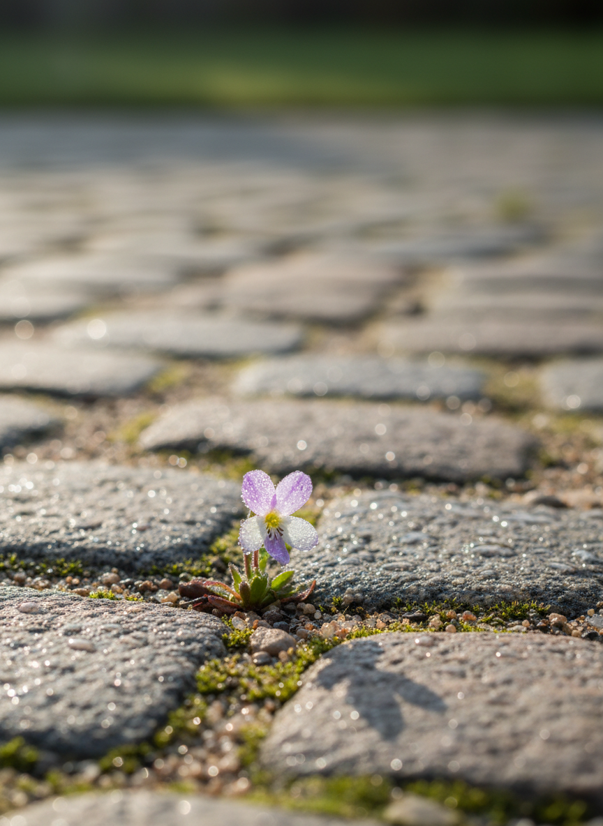 A single, small wildflower with dew-speckled petals in soft lilac and white, emerging from a crack in a weathered stone path. The surrounding stones are mottled gray and moss-flecked, with fine grains and tiny pebbles visible. Early morning natural light falls at a low angle, casting elongated, gentle shadows and causing the droplets to sparkle like tiny stars. The background dissolves into a soft bokeh of muted greens and browns, suggesting a quiet garden beyond. Photographed at eye level with a shallow depth of field in photographic realism, the composition places the flower on the lower third, creating a contemplative, sophisticated mood of quiet wonder and resilience.