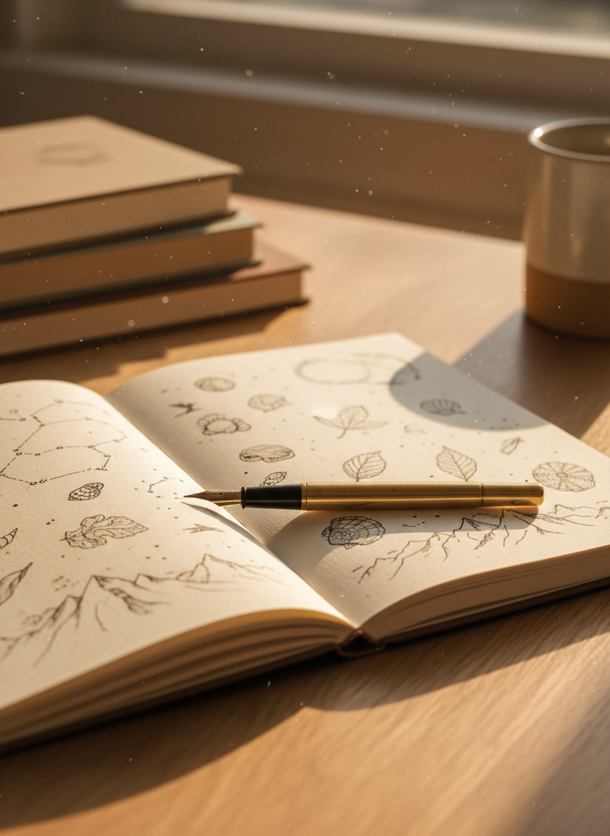 An open, linen-textured notebook in a warm ivory tone lies on a smooth oak desk, its pages filled with small, neat, hand-drawn constellations and tiny ink sketches of seashells, leaves, and distant mountains. A slim brass fountain pen rests across the center fold, reflecting soft highlights. Late afternoon golden light streams in from an unseen window, illuminating dust motes in the air and creating a gentle gradient of light across the pages. The background fades into a blurred hint of stacked books and a ceramic cup, all in warm neutrals. Shot from a slightly elevated angle with a shallow depth of field, in clean photographic realism, the mood is reflective, intimate, and quietly inquisitive, inviting a sense of curiosity and everyday wonder.