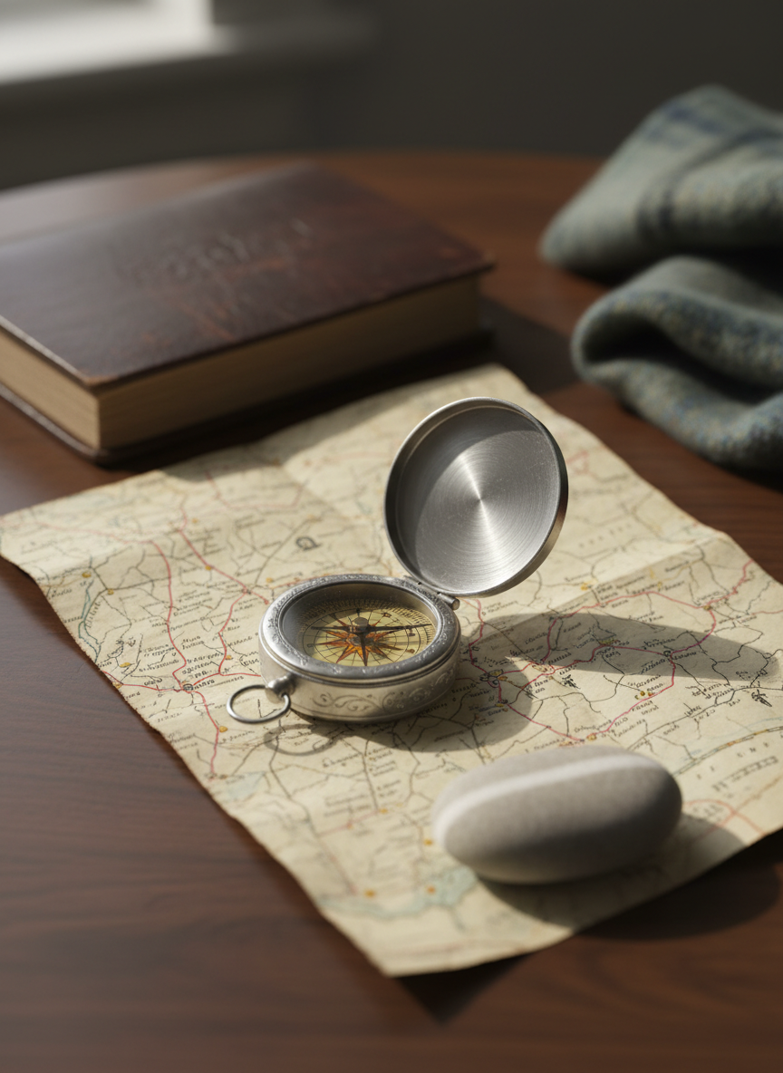A meticulously arranged travel still life on a dark walnut table: a vintage, slightly scuffed silver compass with a delicately engraved lid, an unfolded cream-colored map marked with faint red routes, and a smooth river stone with a single white stripe. The map edges curl slightly, hinting at many journeys. Soft window light from the side creates dramatic yet gentle contrast, highlighting the metallic gleam of the compass and the paper’s subtle fibers while casting long, contemplative shadows. The background falls into a subdued blur of a leather-bound journal and a muted wool scarf. Shot from a top-down perspective with crisp focus on the central objects in photographic realism, the atmosphere feels quietly adventurous, sophisticated, and filled with the promise of unexpected discoveries.
