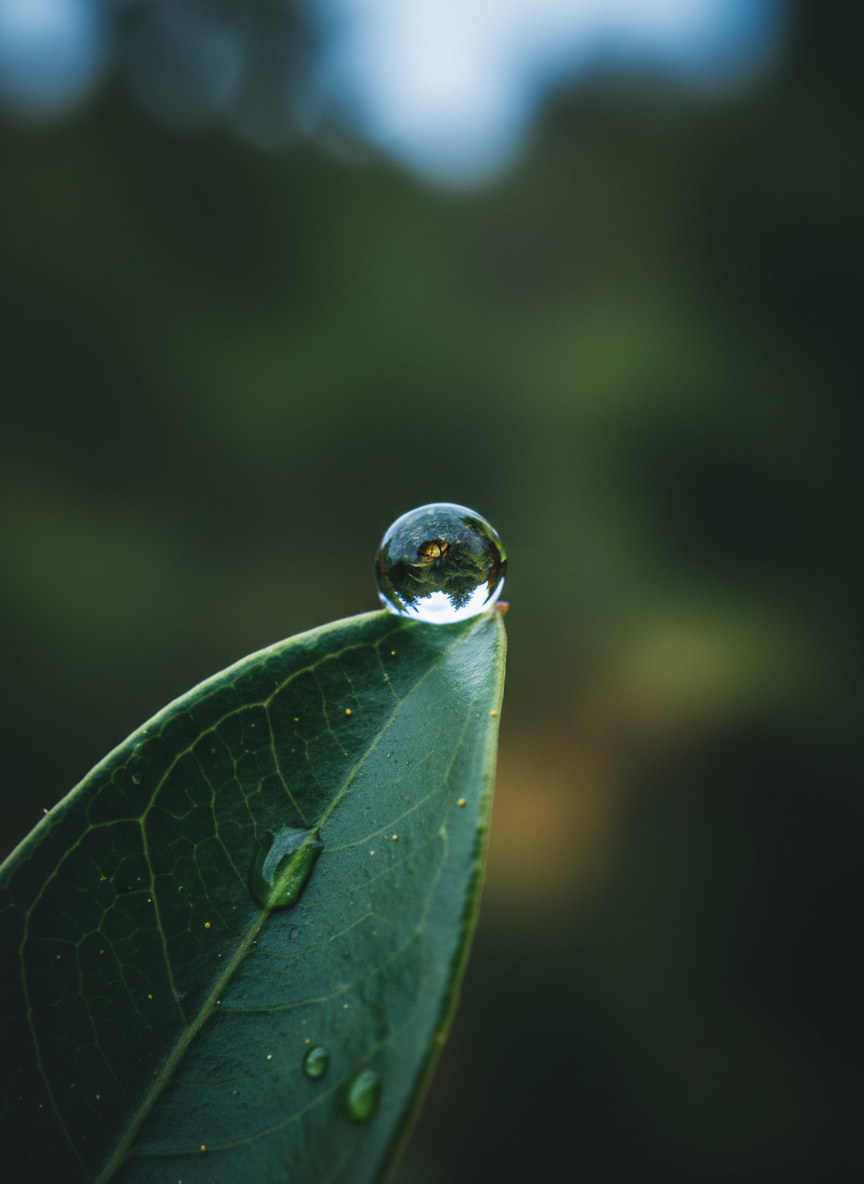 A perfectly still droplet of water, suspended at the edge of a glossy green leaf, reflects an upside-down miniature landscape of distant trees and sky within its curved surface. The leaf shows intricate veins and a faint, waxy sheen, with tiny imperfections and specks of pollen visible. Soft overcast daylight wraps everything in gentle, diffused light, eliminating harsh shadows and emphasizing subtle textures. The background melts into an abstract wash of deep greens and soft blues, creating a dreamy bokeh. Captured in extreme close-up, with the droplet centered but balanced by negative space, the photographic realism highlights a serene, sophisticated mood of scientific curiosity and natural magic.