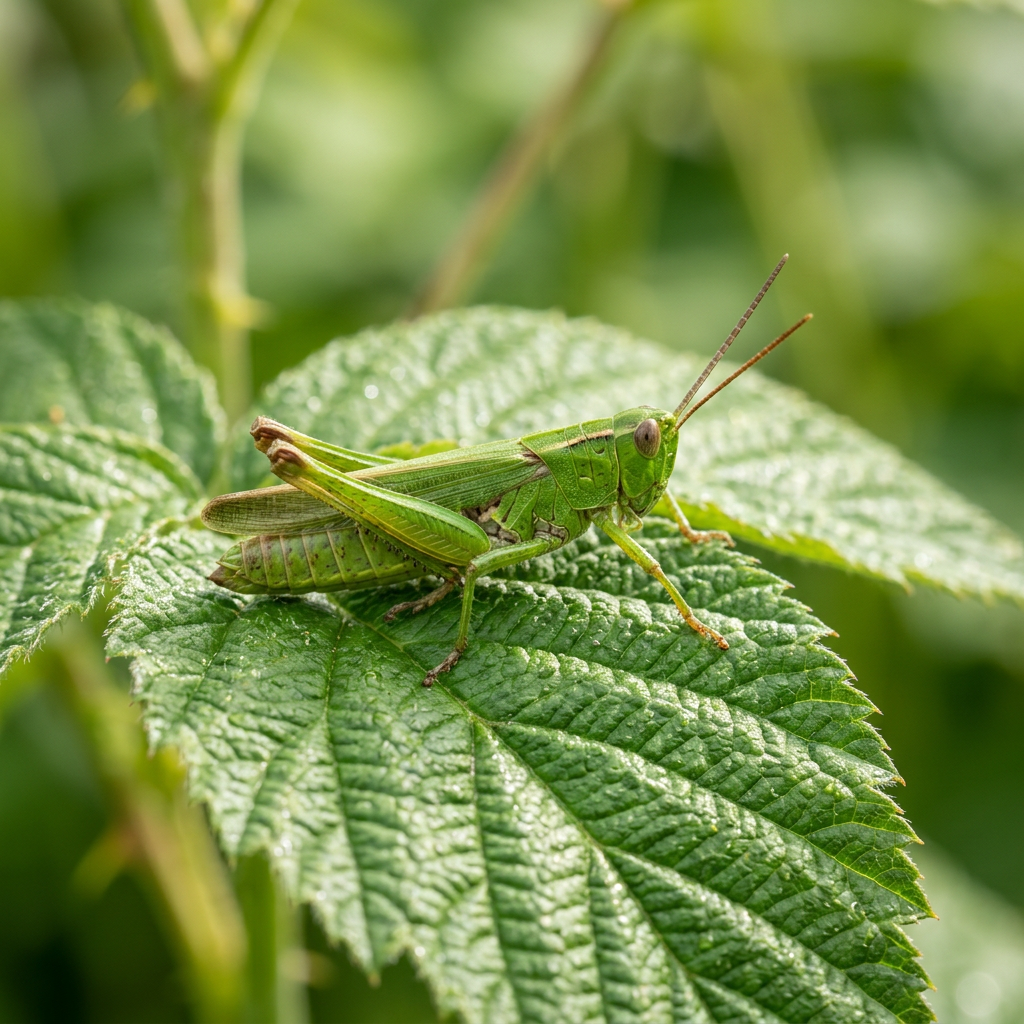 Green grasshopper perched on a detailed green leaf